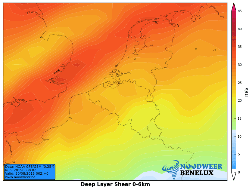Windschering volgens het GFS model tussen 0 en 3 km