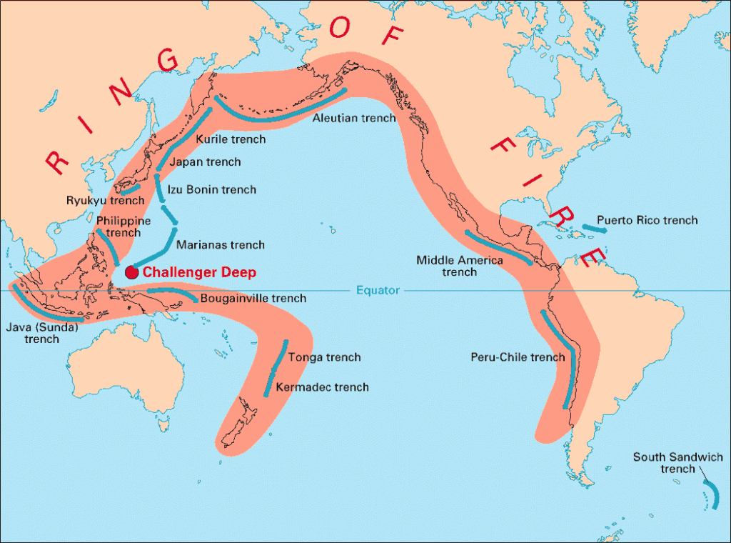 Op deze kaart is de Ring van Vuur aangeduid. In deze zone is er veel vulkanische activiteit.