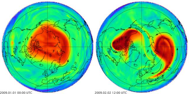 gespleten polar vortex op stratosfeer