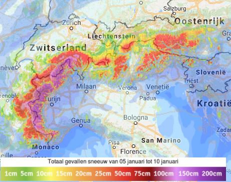 Sneeuwhoeveelheid afgelopen 5 dagen.