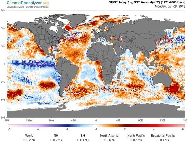 De temperatuurafwijking van het zeewater