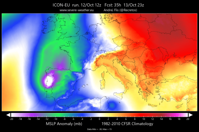 afwijking luchtdruk orkaan Leslie in Europa