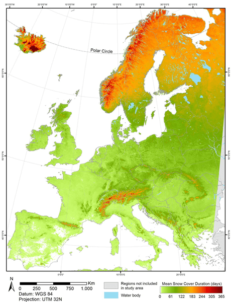 Deze kaart toont de gemiddelde sneeuwbedekkingsduur in Europa