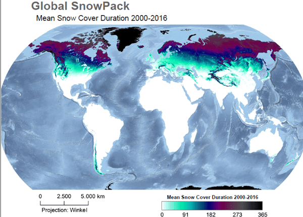 Gemiddelde sneeuwdek duur in de wereld tussen 2000 en 2016.