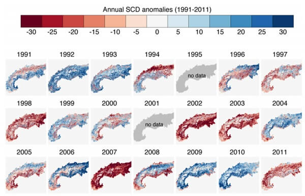 Jaarlijkse afwijking van sneeuwduratie in de Alpen tussen 1991 en 2011