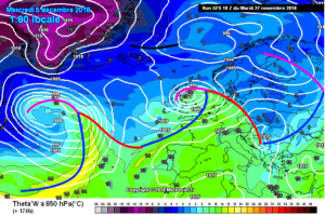 Fronten op basis van Theta-W op een kaart van GFS18 van 27 november