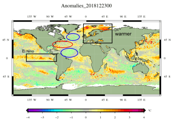 Anomalie van de zeewater temperaturen over de hele wereld.