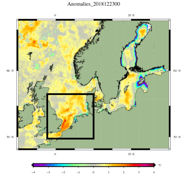 Zeewater anomalie in Noordwest-Europa.