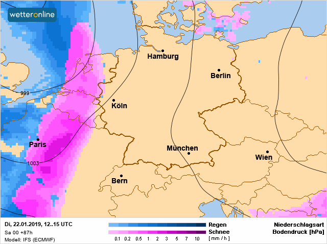 Dinsdag trekt er mogelijk een sneeuwzone van west naar oost over de Benelux. 