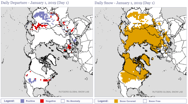 Sneeuwdekomvang en afwijking op het noordelijke halfrond.