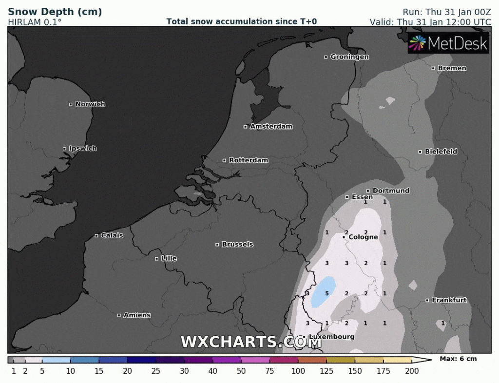 Sneeuwverwachting van het Nederlandse HIRLAM model. 