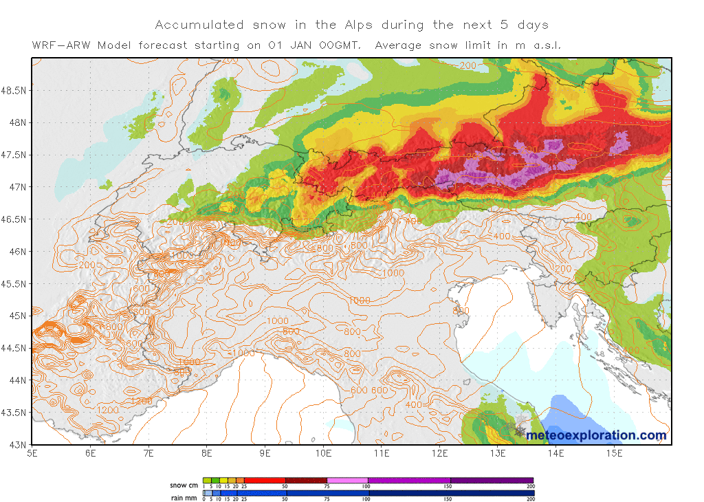 Sneeuwverwachting voor de Alpen komende 5 dagen.