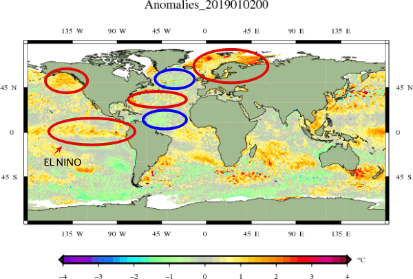 Anomalie van de zeewatertemperaturen.