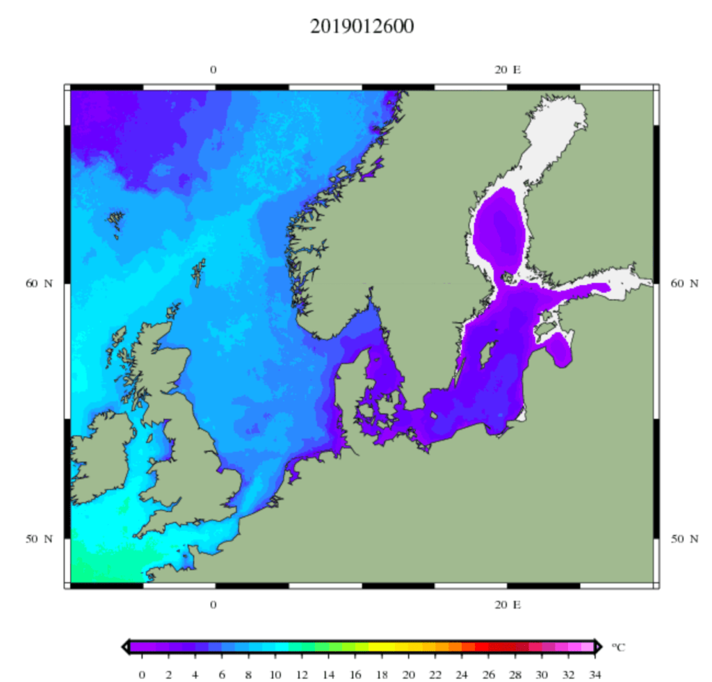 Temperatuur van het zeewater in West en Noordwest-Europa. 