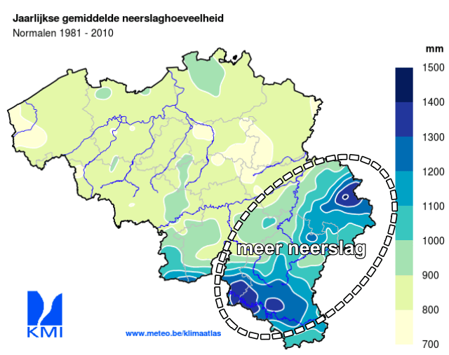 In de Ardennen valt meer neerslag dan in de andere gebieden in België.