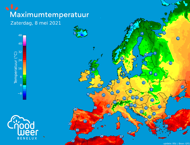 Maximumtemperatuur zaterdag 8 mei 2021