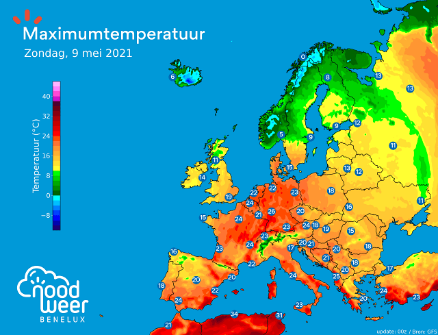 Maximumtemperatuur zondag 9 mei 2021